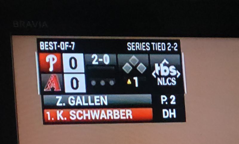 MLB scoreboard showing score, bases, count, outs, inning, pitcher and batter
